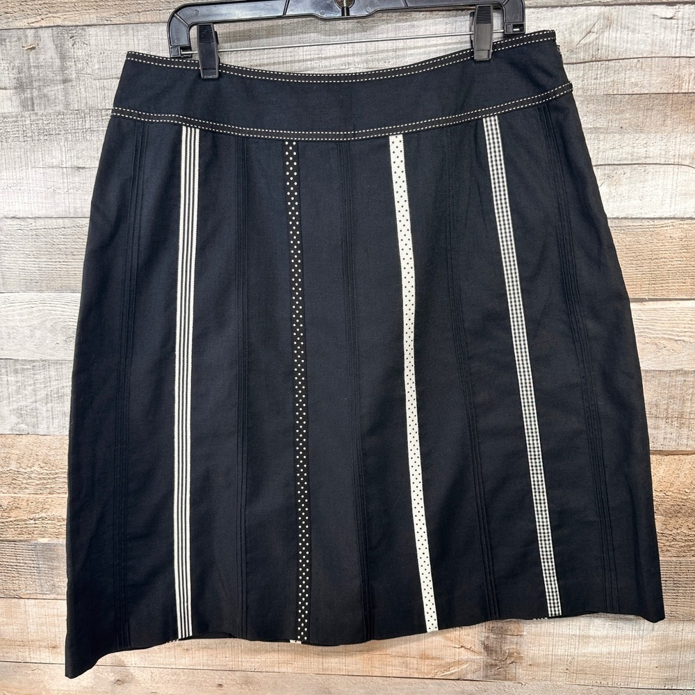 Talbots Petites Black Linen Cotton A-Line Skirt Mixed Pattern Panels Size 16P